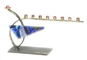 small steel menorah with colorful glass
